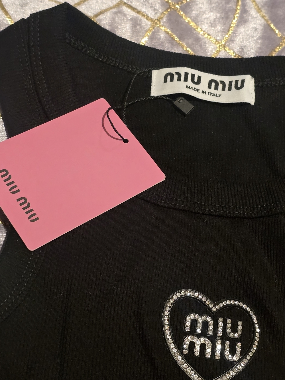Miu Miu Black Ribbed Tank with Crystal Heart Logo - Picture 5 of 6